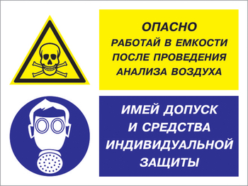 Кз 90 опасно - работай в емкости после проведения анализа воздуха. имей допуск и средства индивидуальной защиты. (пластик, 400х300 мм) - Знаки безопасности - Комбинированные знаки безопасности - Магазин охраны труда и техники безопасности stroiplakat.ru